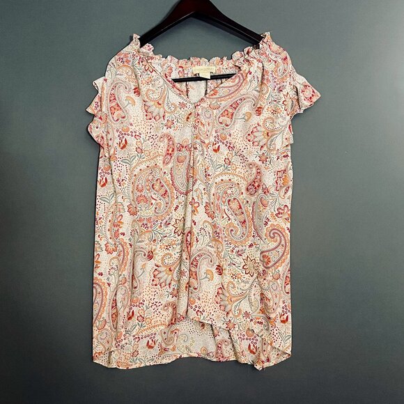 Cynthia Rowley Red & Orange Paisley Flutter Sleeve Blouse 1X - Picture 1 of 6